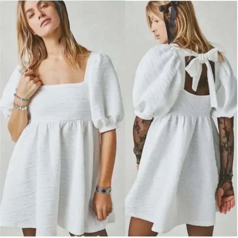Free People Violet Puff Short Sleeve Mini Dress Textured Pocket White New Medium